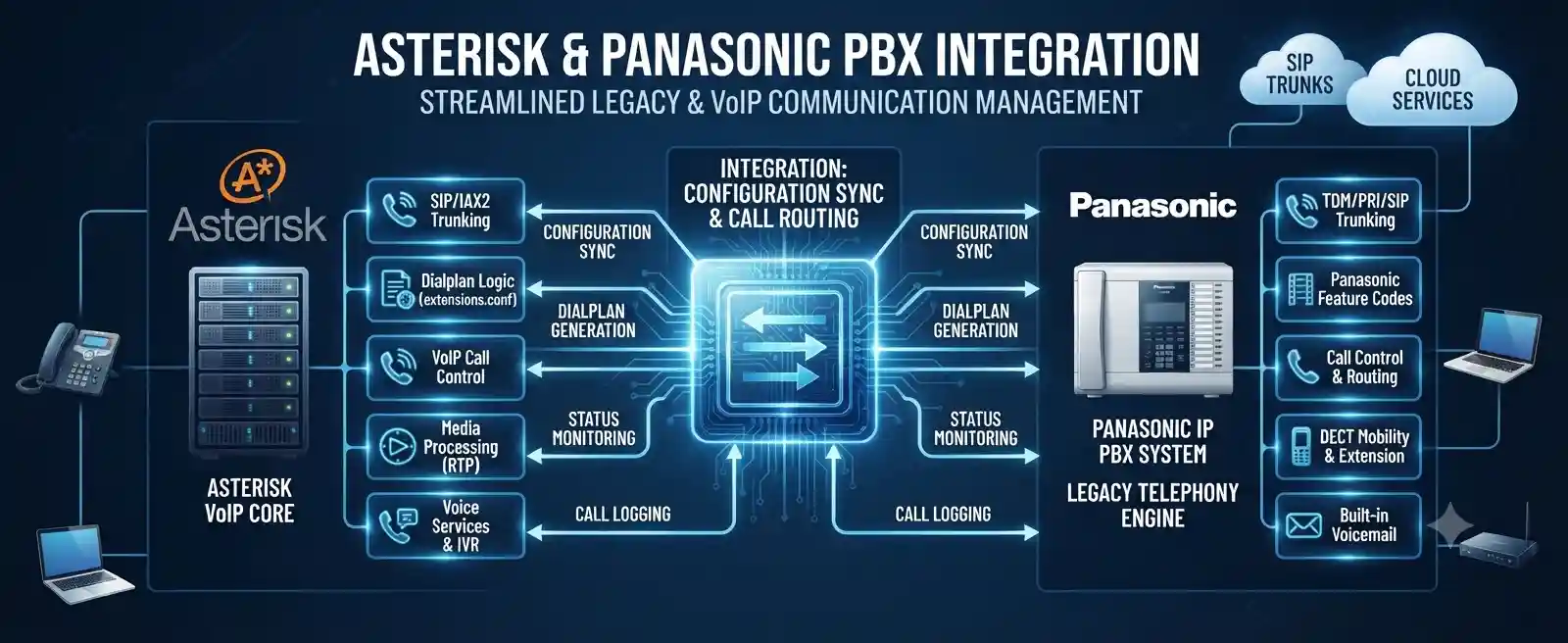 Diagram representing Asterisk and Panasonic PBX integration for business telephony