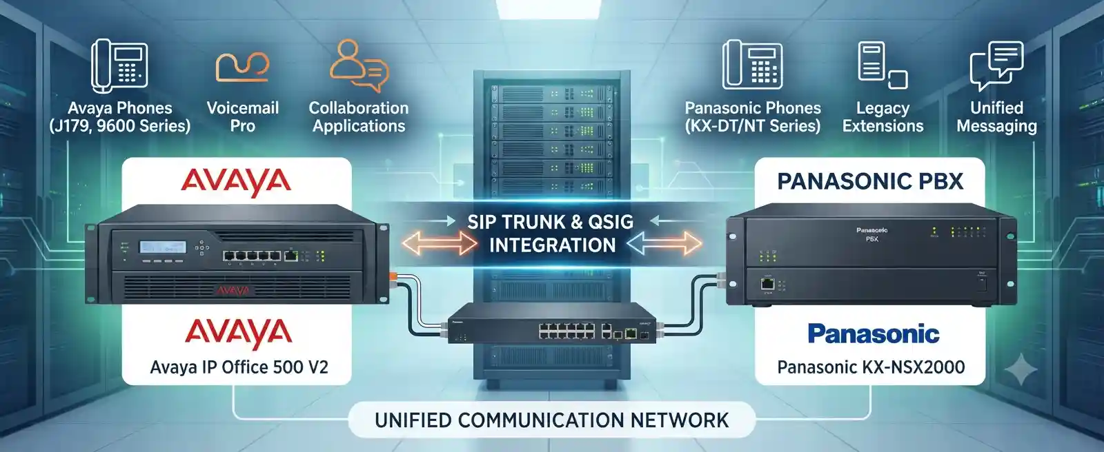 Illustration of Avaya IP Office and Panasonic PBX integration in a business telephony network
