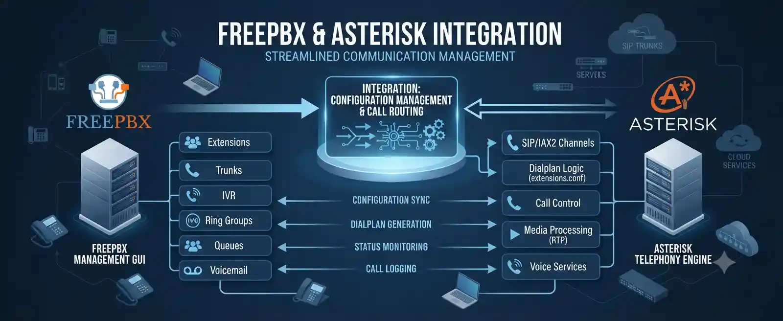 Diagram showing FreePBX management connected with an Asterisk telephony environment