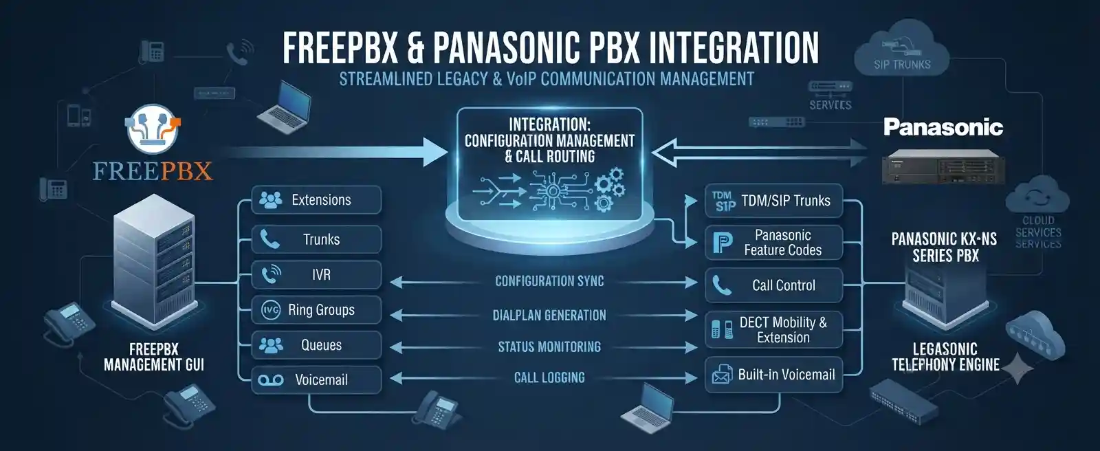 Diagram illustrating a FreePBX and Panasonic PBX integration environment
