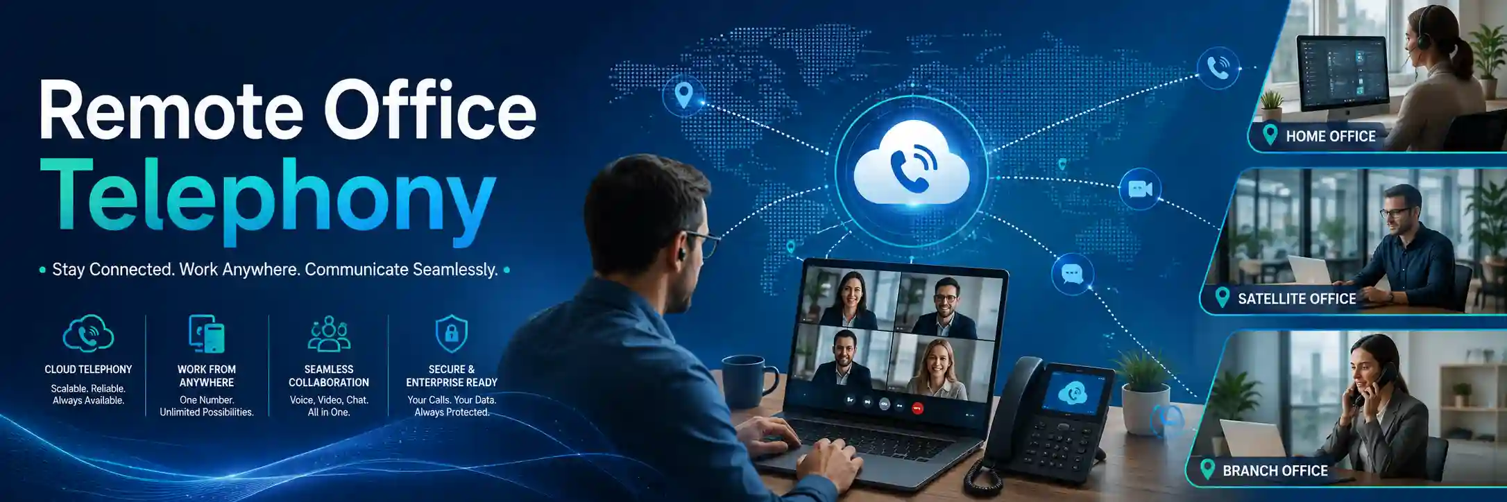 Remote office telephony environment connecting staff to business voice systems